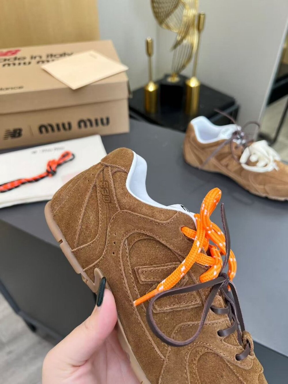 Miu Miu Brown Suede Low-Top Sneakers with Multi-Color Laces - Picture 3 of 5